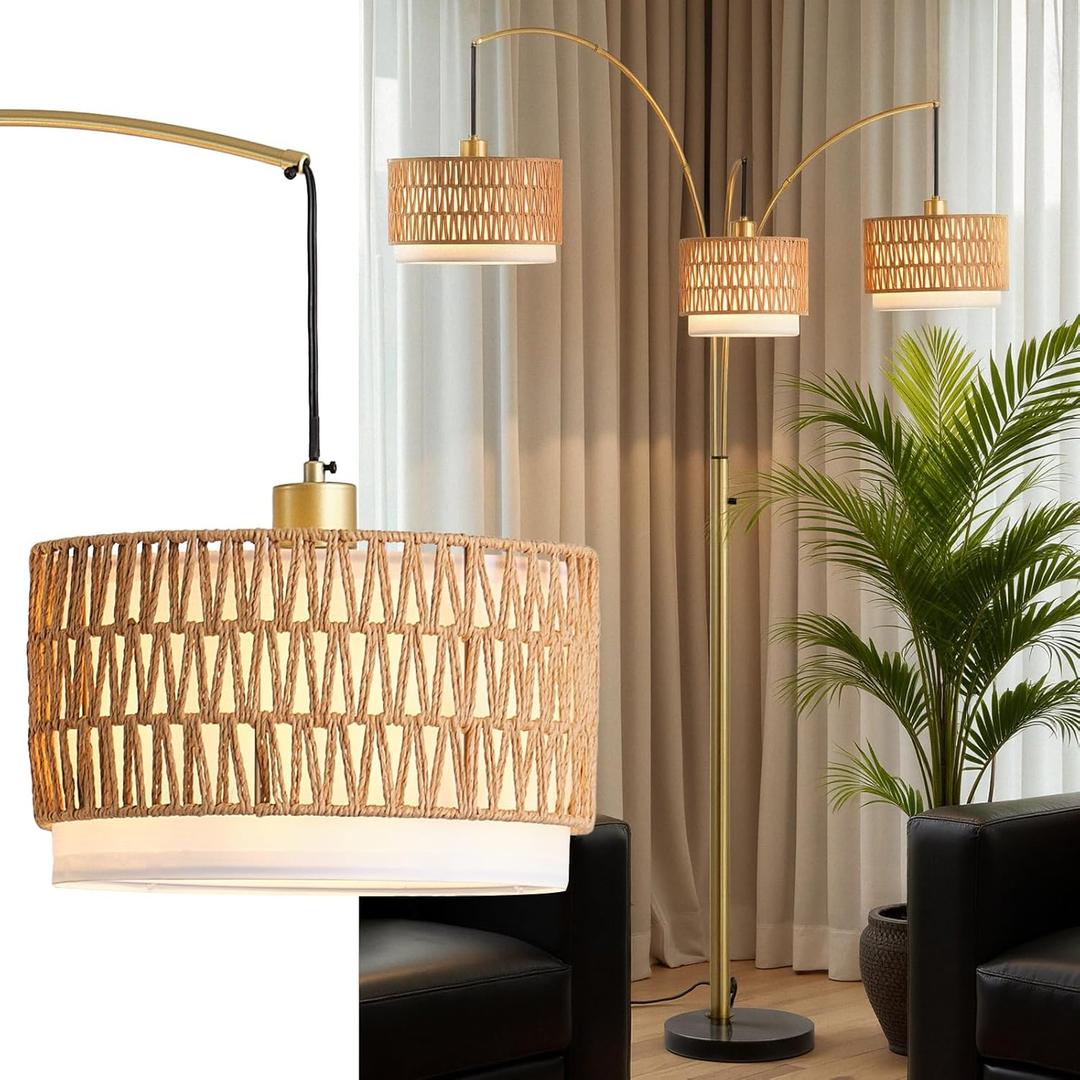Gold Rattan Floor Lamp for Living Room,80 Inch Tall Boho Floor Lamp with Rotary Switch, 3 Light Arc lamp with Wicker Shade for Coastal,Bohemian,Farmhouse Tree Standing Lamp