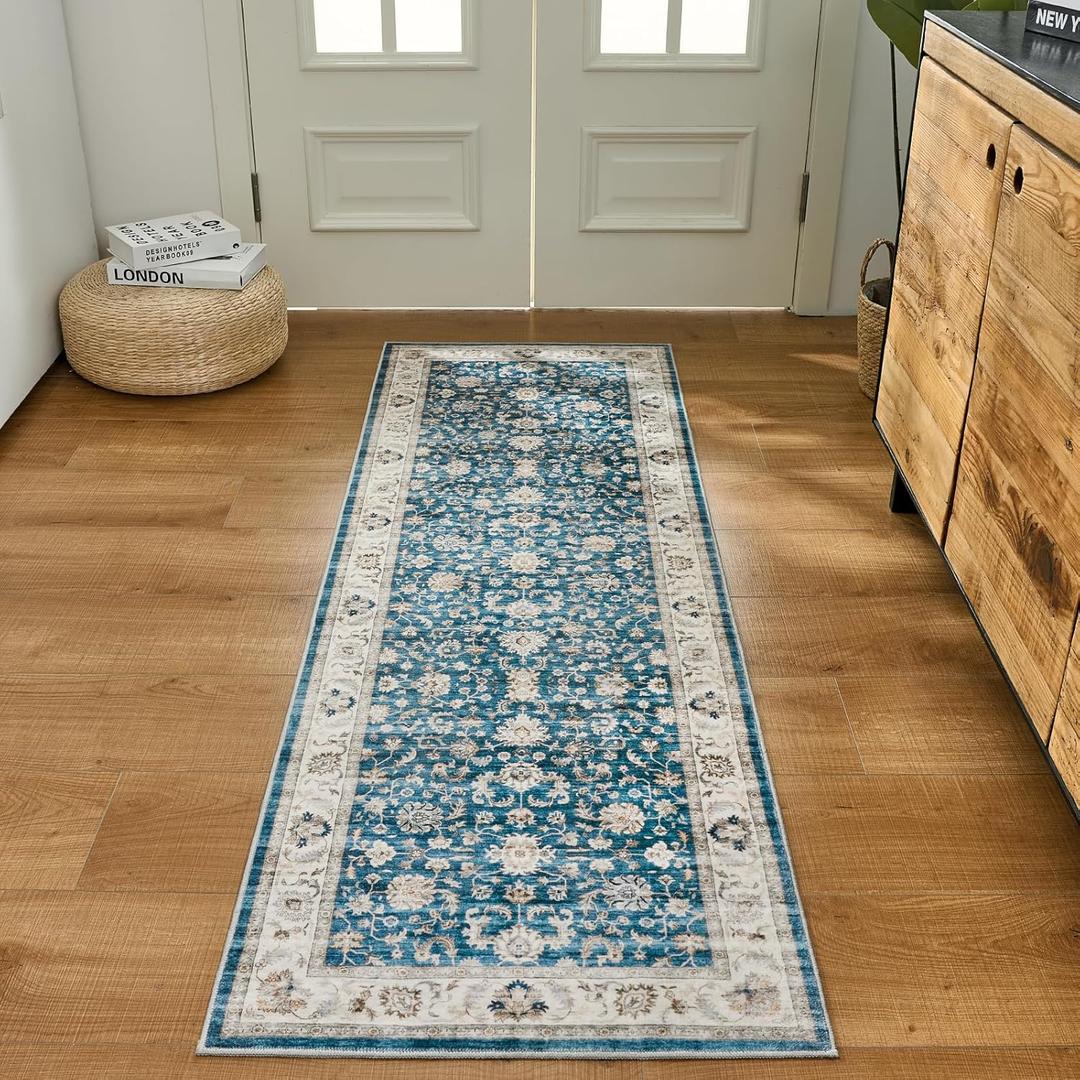 WITSHOCK 2x5 Runner Rugs for Hallway Bathroom: Machine Washable Non Slip Vintage Carpet - Low Pile Lightweight Print Rug for Kitchen Laundry Room Bedroom Beside Rug - Pet & Kids Friendly (Blue/Cream White/Light Ivory)