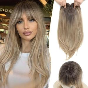 PANEWAY Hair Topper With Bangs 18inch Toppers With 6.5“ ×6.5” Large Base Long Straight Layered Premium Synthetic Hair Pieces For Women-Ombre Blonde With Dark Root