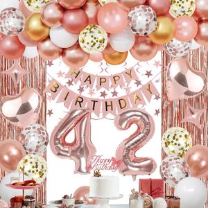 42nd Rose Gold Birthday Party Decorations for Women, Rose Gold Happy Birthday Banner, Fringe Curtains, Heart Foil Balloons, Confetti Balloons, Cake Topper for 42nd Birthday Decorations