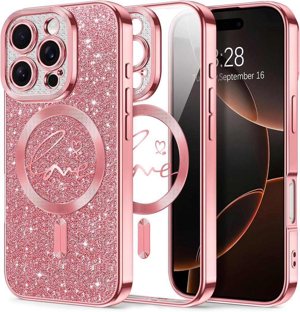 Hython for iPhone 16 Pro Case Glitter, Compatible with MagSafe Love Heart Magnetic Clear Phone Cases for Women Girls, Full Camera Protection Sparkle Shockproof Protective Cover, Shiny Pink