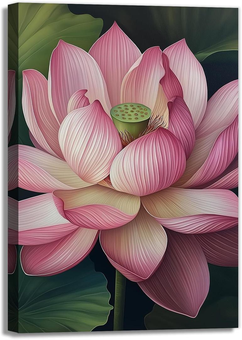 OAAPITI Zen Canvas Wall Art Pink Lotus Picture Print Water Lily Bloom Art Painting Poster Meditation Spiritual Room Decor Artwork Frame(Artwork-1,16"x24")