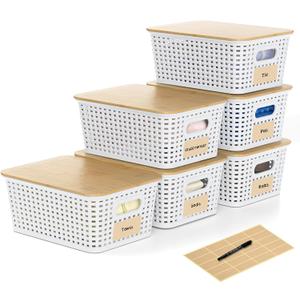 Plastic Storage Baskets with Bamboo Lids and Labels, Stackable Storage Containers, Storage Bins for Organizing Shelves Drawers Desktop Closets Office, 6 Packs-White