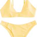 ZAFUL Women's Tie Back Padded High Cut Bralette Bikini Set 2 Piece Swimsuit | Crisscross Back Self Tie, Adjustable Straps, Bathing suit for women, Classic Coverage, Removable Soft Cups, Beach Vacation (Yellow, S)