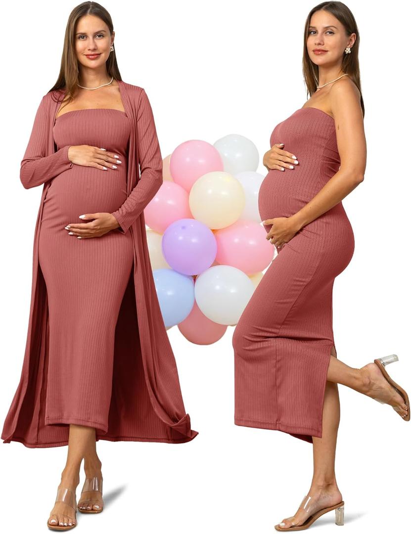Rnxrbb 2 Piece Maternity Dress Cardigan Baby Shower Bodycon Fall Tube Maternity Dresses Long Gender Reveal Photoshoot (Small Tall, Rosybrown)