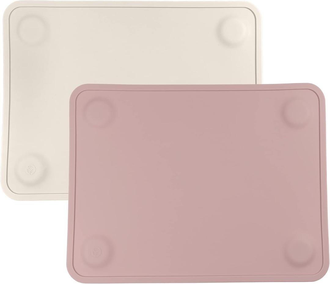 WeeSprout Silicone Suction Placemats for Babies, Toddlers & Kids, Durable Food Grade Silicone with Non-Slip Suction, Raised Edges Contain Mess, Dishwasher Safe, for Dining Table & Restaurants, 2 Pack (Large, Matte Pink, Off-white)