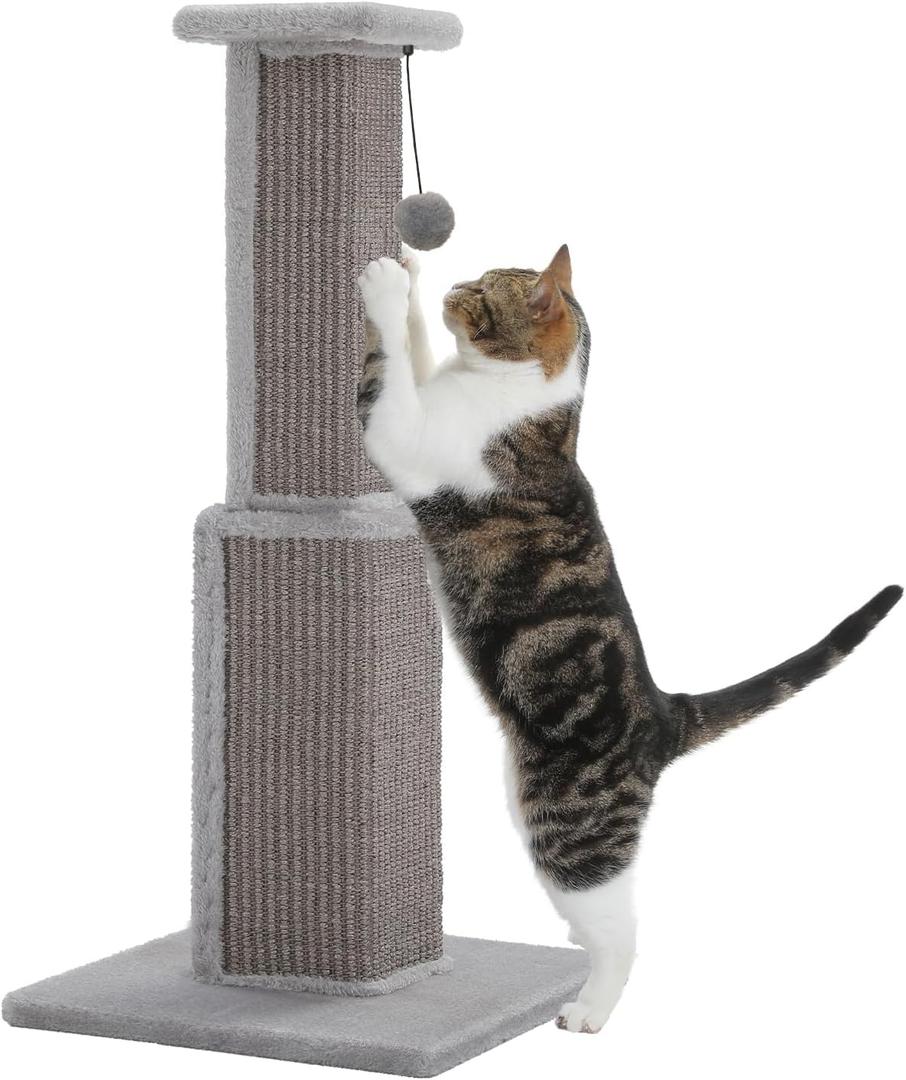 PAWZ Road Large Cat Scratching Post 32 Tall Scratching Post for Indoor Cats Adults Ultimate Scratch Post with Woven Sisal, Large Base and Removable Dangling Ball- Grey