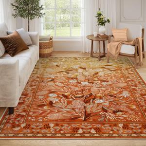 Anidaroel Orange Area Rugs for Living Room 8x10, Botanical Floral Machine Washable Modern Rug, Soft Large Rugs for Bedroom Non-Slip Accent Abstract Rug for Nursery Dining Room Home Office