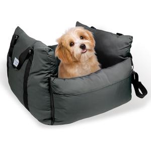 HappyTails Pet Car Seat for Dogs and Cats, Waterproof Booster Car Seat with Clip-On Safety Leash, Pet Traveling Carrier Bed with Storage Bags, Grey, Medium