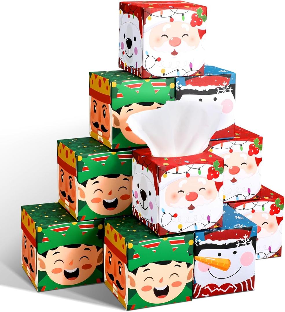 12 Pack Christmas Facial Tissues Cube Boxes Bulk 600 Sheets 3 Ply Santa Claus Small Tissues Cube Boxes for Xmas Party Winter Home Bedroom Car Accessories
