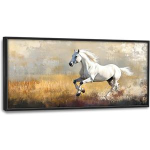 Extra Large Framed Horse Wall Art,Oversized Rustic Horse Running Wall Decor, Vintage Wild Animal Field Pictures for Living Room,Canvas Print Painting Modern Artwork Bedroom Office 36L x24W