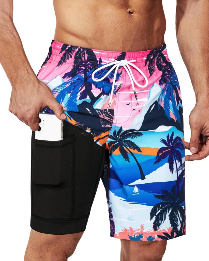 SURF CUZ 9" Mens Swim Trunks with Compression Liner Bathing Suits 2 in 1 Stretch Zipper Pockets Quick Dry