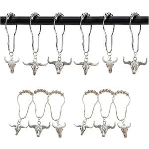 Cow Shower Curtain Hooks Rings,12Pcs Rustproof Stainless Steel Bull Skulls Pendants Accessories,Western Wildlife Farmhouse Rustic Farm Style Decorative Home Bathroom