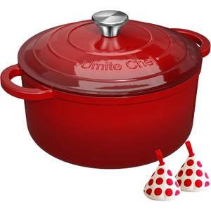 Enameled Cast Iron Dutch Oven  Umite Chef 5QT Pot with Lid & Cotton Potholders  HeavyDuty Cookware for Bread Baking, Braising, Stews, Roasting(Red)