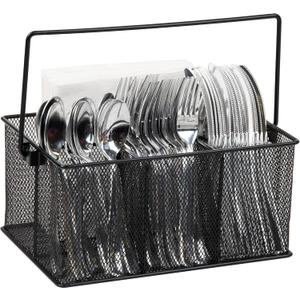 Mind Reader Multi-purpose Storage Caddy with Handle, Desktop Organizer, Cutlery Holder, 4 Compartments, Metal Mesh, Black