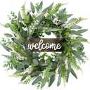 Sggvecsy Green Artificial Eucalyptus Wreath with Welcome Sign 20in Mixed White Berries Spring Summer Wreath for Front Door Wall Window Farmhouse Festival Porch Patio Garden Decor (1 Piece)