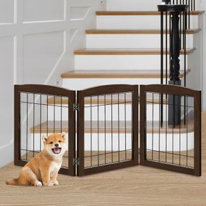 LZRS 3-Panel Freestanding Foldable Wooden Dog Gate Solid Wood & Steel Wire Chew-Resistant Indoor Safety Pet Fence for Doorways & Stairs, Ideal for Small to Medium Dogs & Puppies, Walnut