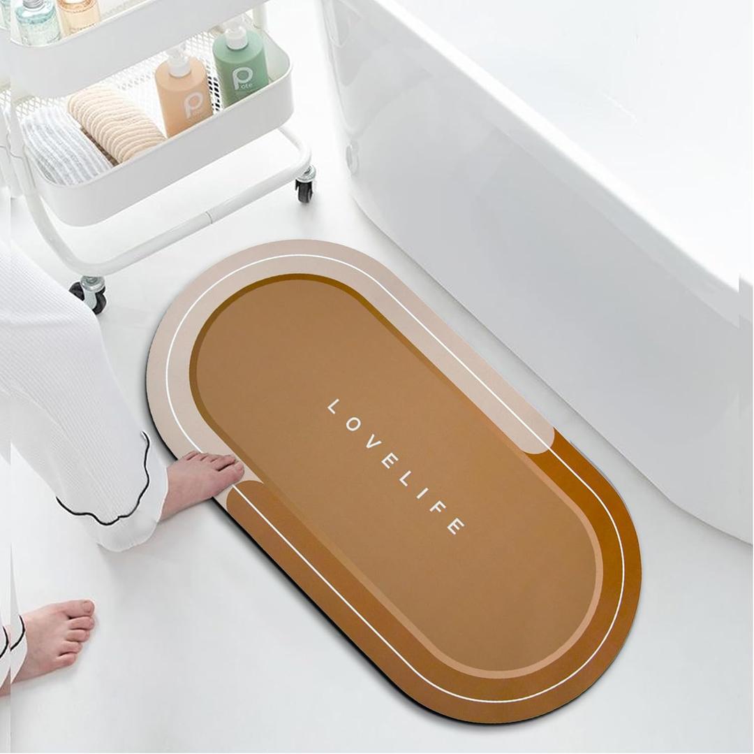 Rubber Bath mats Quick-Drying Non-Slip Bathroom mat Super Absorbent Bath mat Instant Dry Bath mat, Bathroom Rug in Front of The Kitchen Sink, Shower Room, Bathtub, Oval(Brown+16.9x35.4in)