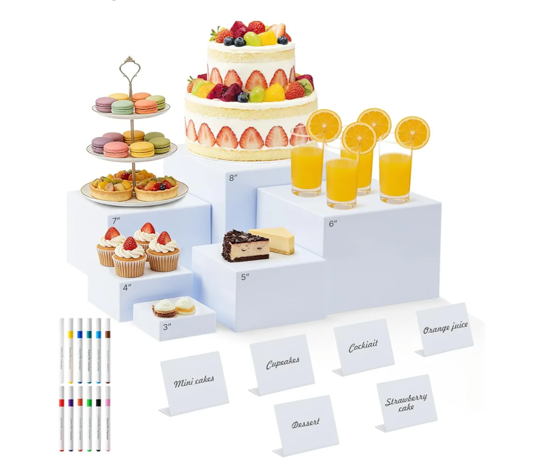 Nestable Buffet Risers - 6 Pcs White Acrylic Food Risers with Signs & Markers – Sturdy Dessert Table Display Stands for Parties, Catering, Jewelry & Collectibles (Easy-Store Stackable Cubes: 8", 7", 6", 5", 4", 3")