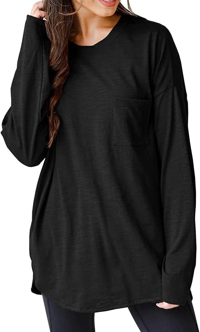 Wihion Women Oversized Long Sleeve T-Shirts Cotton Casual Crewneck Solid Tunic Tops with Pocket, L