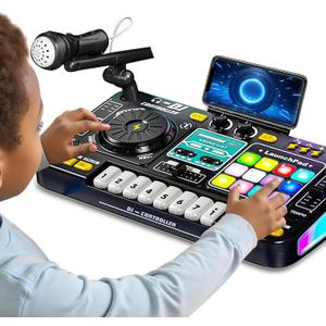 Kids DJ Mixer Controller Table Musical Toy Electronic Toy with LED Lights Sound Effect Microphone Piano DJ Board Key Musical Instruments Birthday Gift Toys for 3 4 5 6 7 Year Old Boy Girl