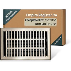 Empire Register Co, Vent Cover - 6x10 inch, Modern Contemporary Design, Brushed Nickel Finish, Heavy Duty Floor Vent Covers, Metal Damper Attached Vent Covers for Home Floor only