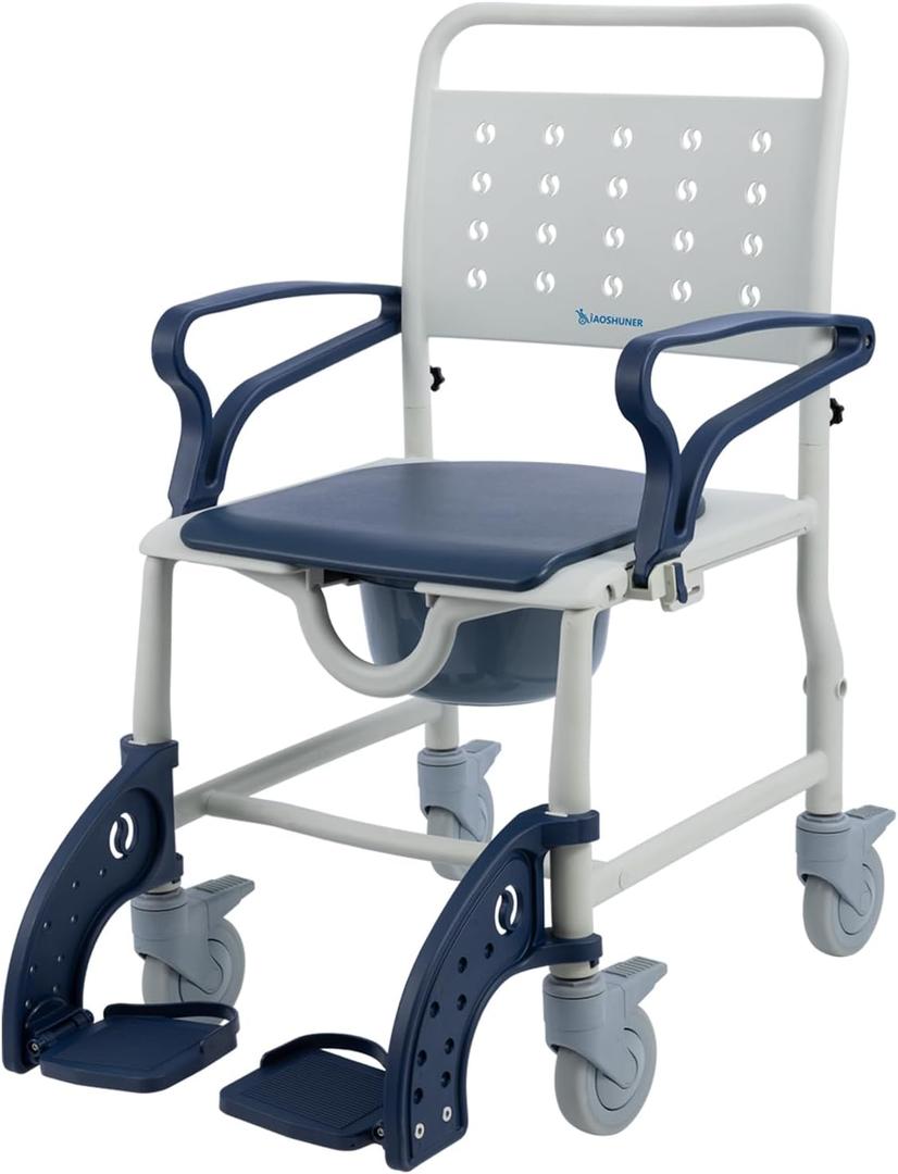 Rolling 4 in 1 Shower Chair with Wheels for Elderly and Disabled,Transport Bathroom Shower Wheelchair,with Safety Locking Wheels, Rolling Commode Shower Chair for Seniors, Blue