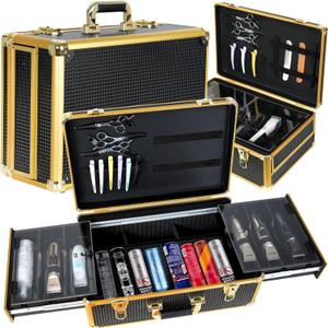 Barber Case Organizer, Barber Briefcase Tool Box, Barber Carrying Case, Large Barber Cases for Clippers and Supplies, Travel Hair Stylist Tools Storage, Luxury Gold & Black