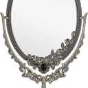 JUXYES Metal Tabletop Antique Decorative Makeup Mirror with Stand, Vintage Swivel Double Sided Cosmetic Mirror with Frame, Retro Desktop Oval Dressing Mirror for Bathroom Bedroom