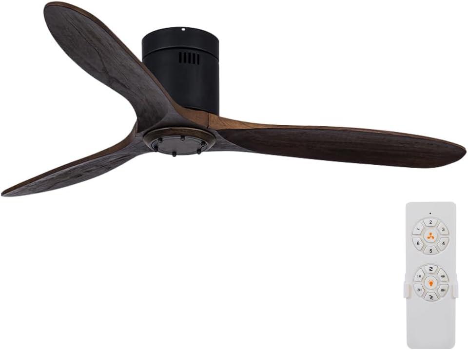 Neatfi 52" Nordic Low Profile Ceiling Fan Without Light, 3 Solid Wood Blades, 6-Speed, Flush Mount Indoor Ceiling Fan No Light with Remote for Kitchen, Bedroom & Living Room (Brown, 52 Inches)
