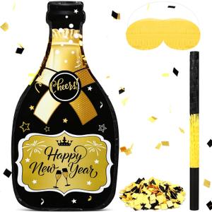 Capoda Happy New Year Champagne Piata Set 16 x 8.3 x 3 Inches Champagne Bottle Black and Gold Piata with Tassel Stick Blindfold Confetti for 2026 New Years Eve Party Games Supplies Decorations