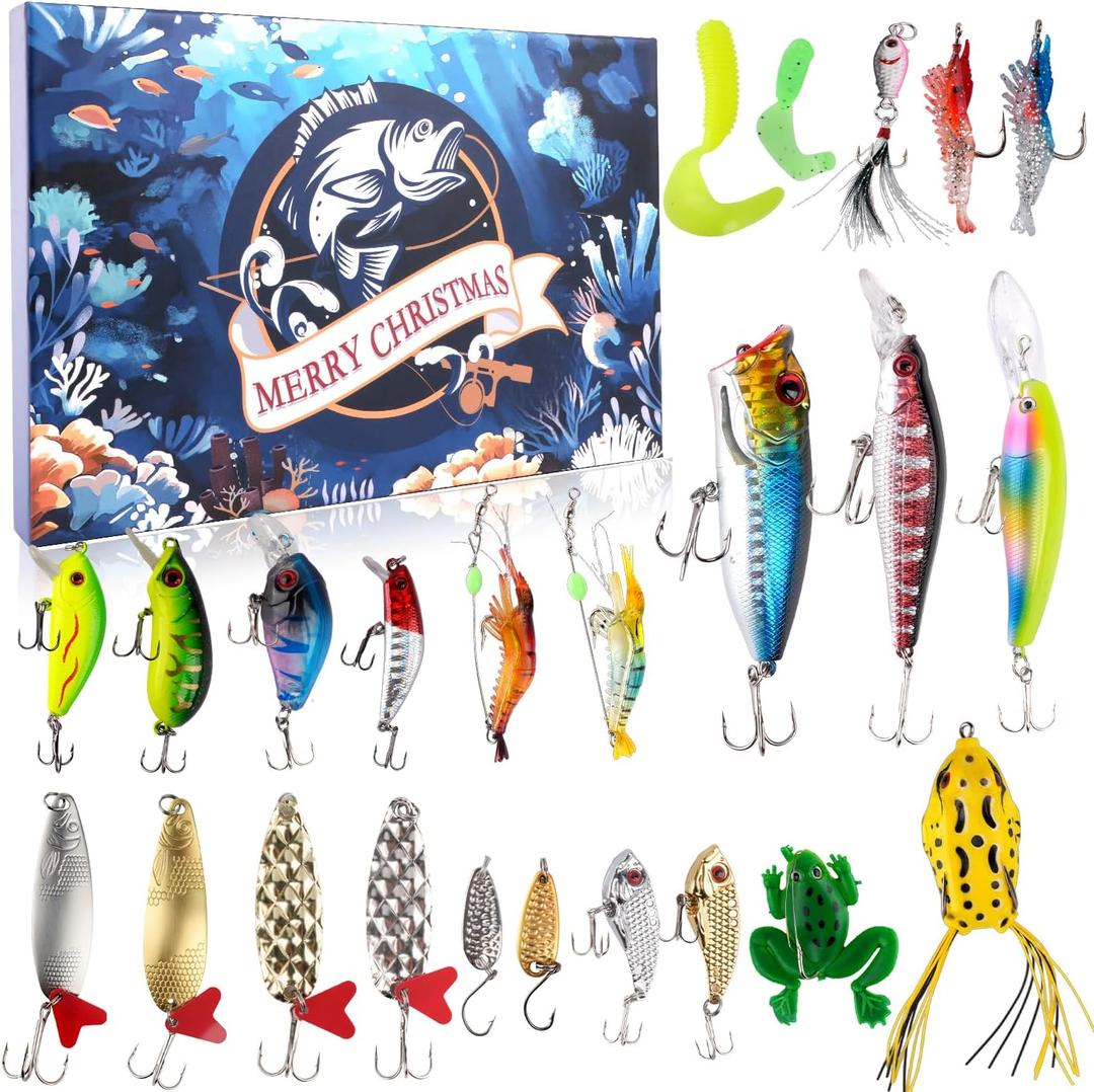 Labeol Advent Calendar 2025, 24 Days Christmas Countdown Surprise with 24 PCS Unique Fishing Tackle Lure Advent Calendar Set, Xmas Fishing Gift for Fishing Lovers Adult Men