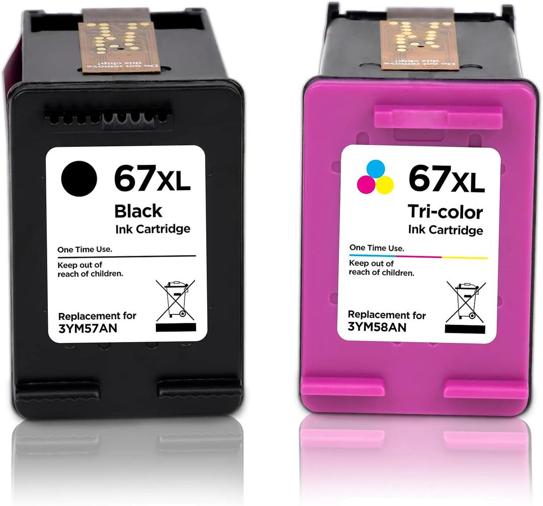  67XXL 67XL remanufactured ink cartridge replacement for HP 67 XL black and color, printer ink for HP ENVY 6000 ENVY Pro 6400 DeskJet Plus 4100 DeskJet 1200 2300 2700 series, more pages (2-pack)