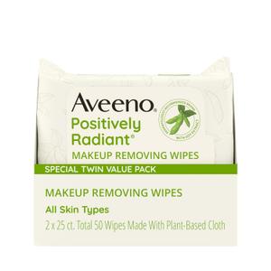 Aveeno Positively Radiant Makeup Remover Wipes, Oil Free, Alcohol Free, Non-Comedogenic Facial Cleansing Wipes, Gentle Face Wipes for Sensitive Skin, Travel Makeup Wipes, Twin Pack, 2 x 25 Ct
