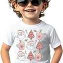 Toddler Boy Christmas Shirt for Girls Kids, Happy Xmas Tee, Santa Snowman Trees Dinosaur Reindeer Digger, 2-6T (3-4T, Tree and Cup-white)