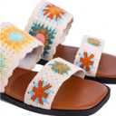 GORGLITTER Women's Boho Floral Crochet Sandal Retro Double Strap Woven Pattern Flat Sandals Vacation Open Toe Trending Shoes (White)