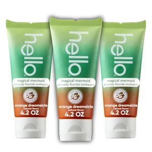 Hello Magical Mermaid Kids Toothpaste with Fluoride, Orange Dreamsicle Flavor Toothpaste for Kids, Safe for Ages 2 and Up, Helps Prevent Cavities, Strengthen Enamel, Polish Teeth, 3 Pack, 4.2 Oz Each