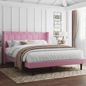 Queen Size Bed Frame with Headboard, Velvet Upholstered Platform Bed Frame No Box Spring Needed, Queen Sized Modern Bedframe with Strong Wooden Slats, Pink