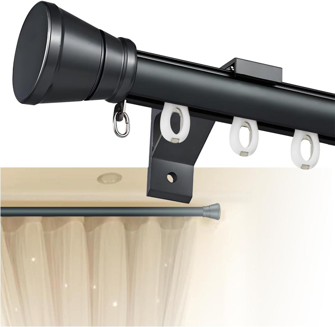 Single Curtain Track for Windows, 1.1m(3.7ft) Wall Mounted Heavy Duty Decorative Curtain rail with End Caps, Aluminum Brackets, Silent Wheels Easy to Install for Bedroom Living Room（Champagne）