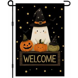 Halloween Garden Flag With Cute Friendly Ghost And Three Pumpkins Outdoor Yard Decor 12x18 Inch Double Sided Seasonal Fall Flags For Front Porch Lawn Decor Welcome Spooky Holiday Decoration