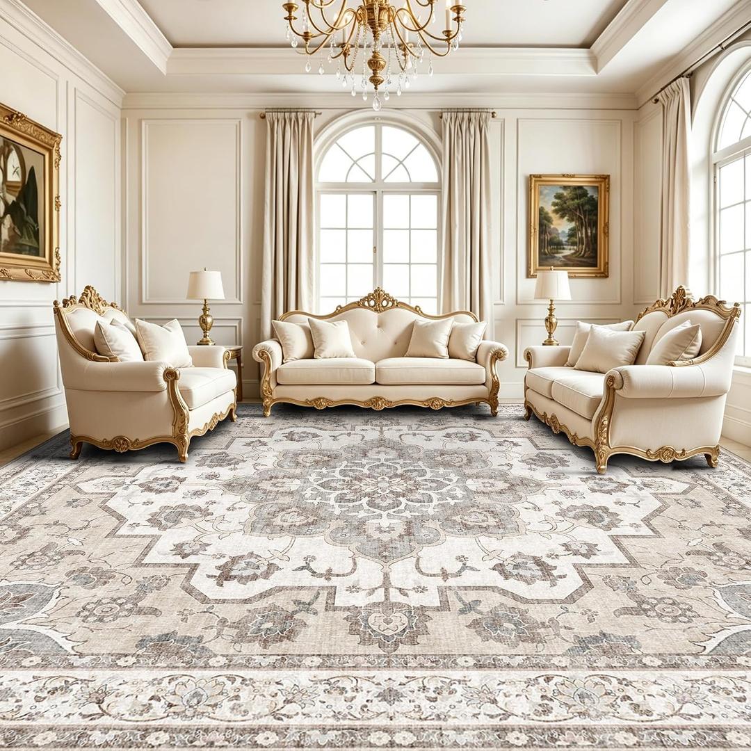 12x12ft Square Living Room Rug: Non-Slip Washable Extra Large Floor Carpet for Bedroom Dining Room Playroom Medallion Vintage Oriental Thin Low-Pile Big Indoor Area Rug (12ft Square, Beige)