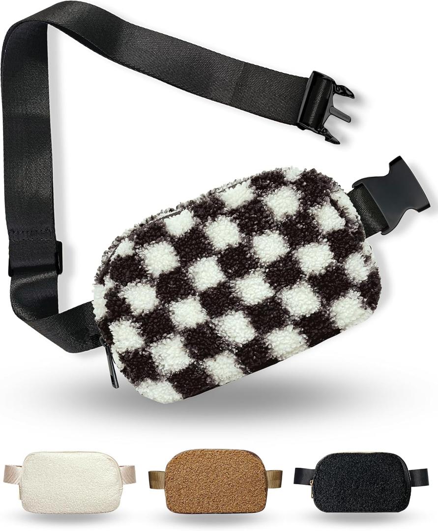 Boutique Fleece Belt Bag | Sherpa Checkered Crossbody Fanny Pack for Women | Fashionable Cute Waist Pack | Small Chest Bag | Gold Accessories | Adjustable Extended Strap | Black Checker