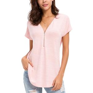 LUSMAY Women's Casual Zipper V Neck Short Sleeve Tunic Tops Loose Fitting T Shirts Blouse (Pink, M)