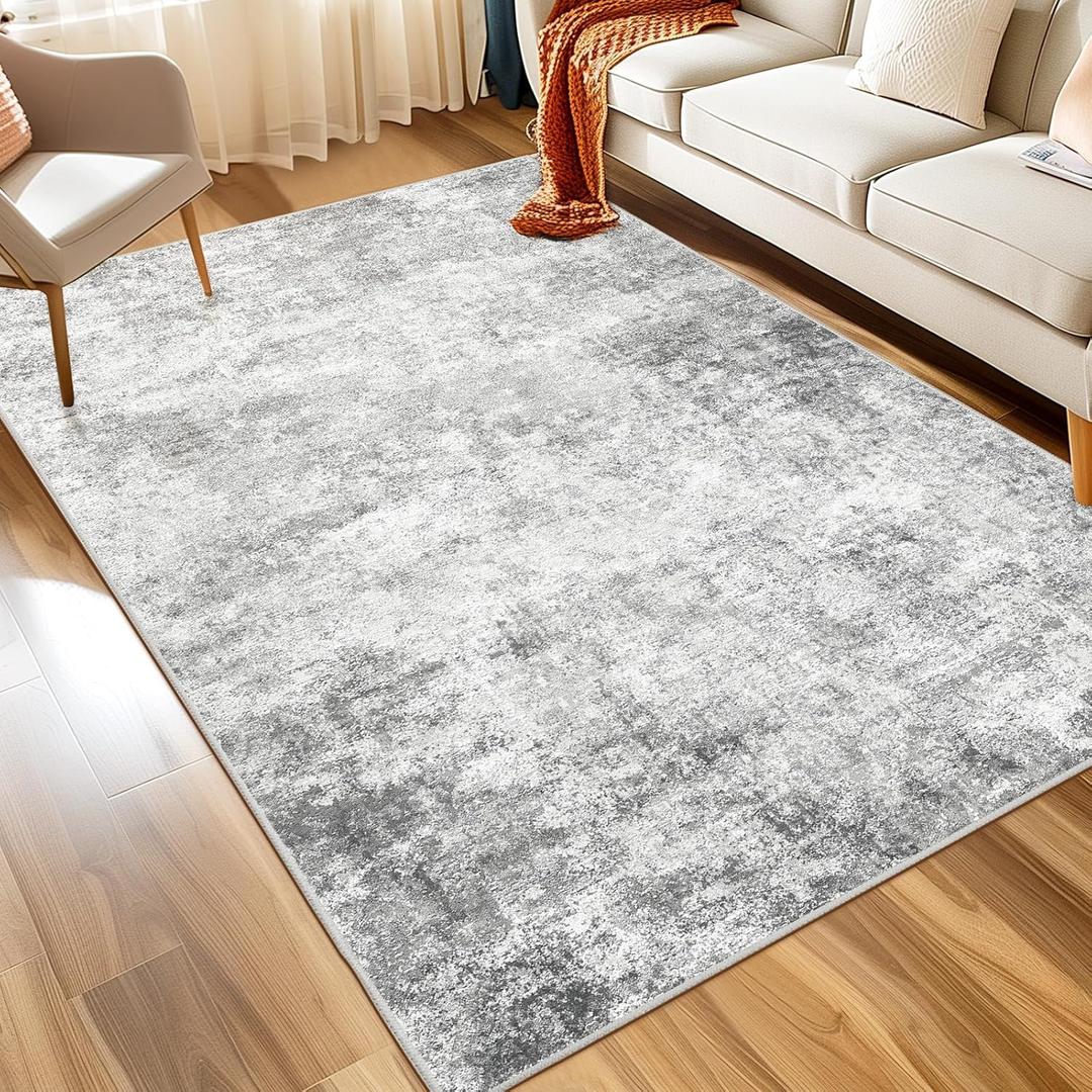 WITSHOCK 6x9 Area Rugs for Living Room : Machine Washable Non Slip - Low Pile Modern Abstract Carpet for Bedroom Kids Room Dining Room - Stain Resistant for Household - Pet Owners (Grey) (Gray/White)