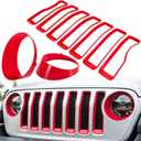 Front Grille Mesh Inserts & Headlight Cover for Jeep Wrangler JL JLU Sport & Sport S Only 2018-2023 Exterior Accessories Clip-in Grille Guard Cover Headlight Bezels Trim Ring (Red 9PCS)