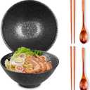 2 x 40 OZ ceramic ramen bowls, 8 IN large Japanese noodle soup bowl, match chopsticks and spoons, suitable for Pho, Udon Asian noodles (Black color 2 set)