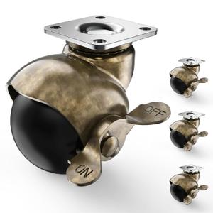 2 Inch Antique Brass Ball Casters, Vintage Caster Wheels, Swivel Plate Caster with Brake, Set of 4 Furniture Wheels for Sofa, Coffee Table, Cabinet, Kitchen Cart