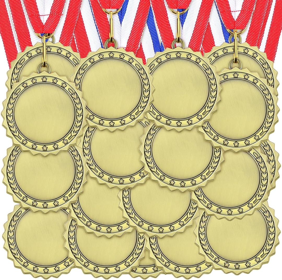 Junkin 24 Pcs Blank Medals for Awards with Neck Ribbons Winner Participation Custom Medals Awards Make Your Own Kit 1st Place Cheer Participation Trophy Metal Prize Gift (Gold)
