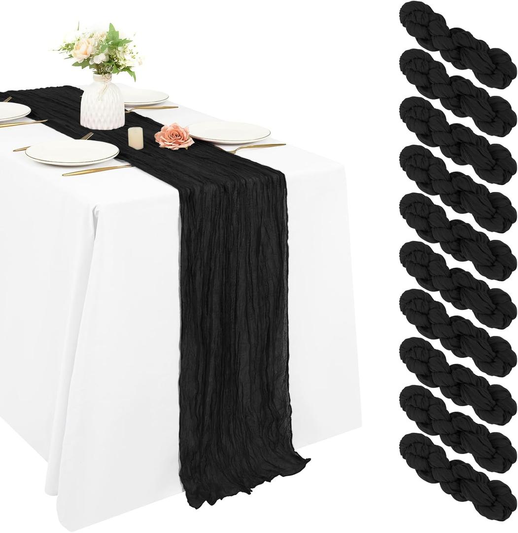 10 Pack Cheesecloth Table Runner 20 x 120 inch Long Boho Gauze Table Runners 10FT Semi Sheer Table Runner for Wedding Decor, Baby Shower, Birthday Party, Banquet (Black)