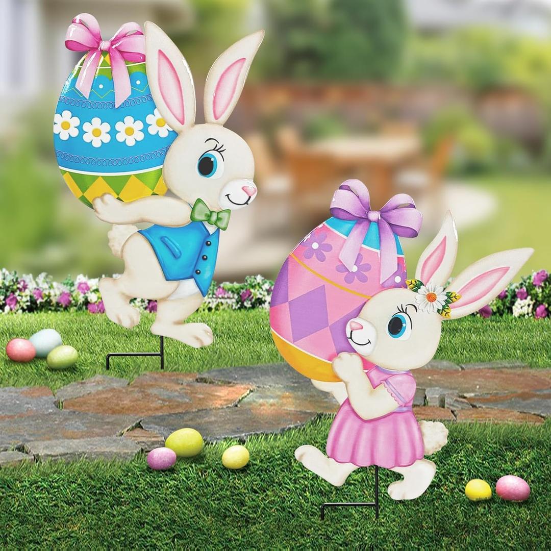 Easter Decorations Outdoor,2 Pack Metal Easter Egg Bunny Yard Signs for Outside,Cute Bunny Garden Stakes for Lawn,Yard,Rabbit Gifts for Women